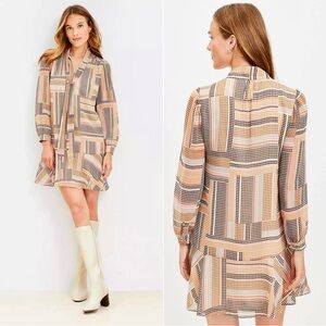 LOFT Ann Taylor Houndstooth Bow Tie Flounced Shift Dress Size XS Balloon Sleeves